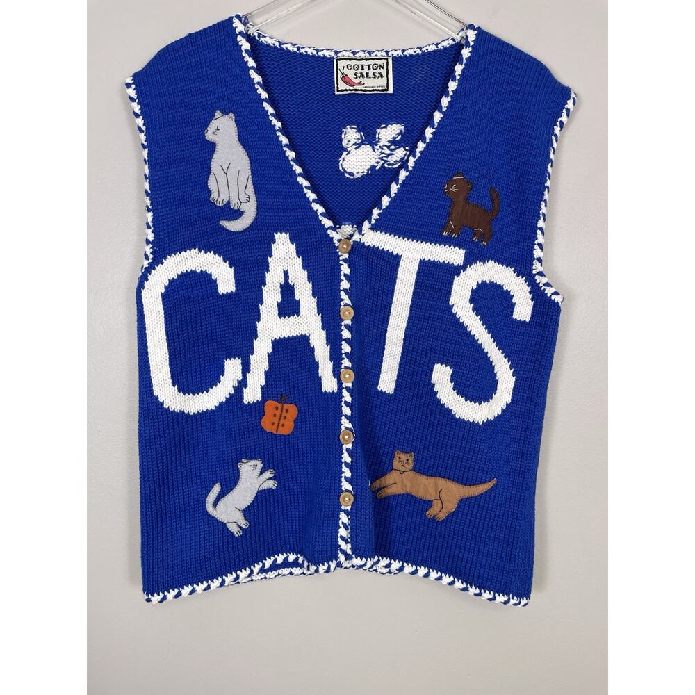Cotton Salsa Vintage Blue CATS Sweater Vest Peru Size Large